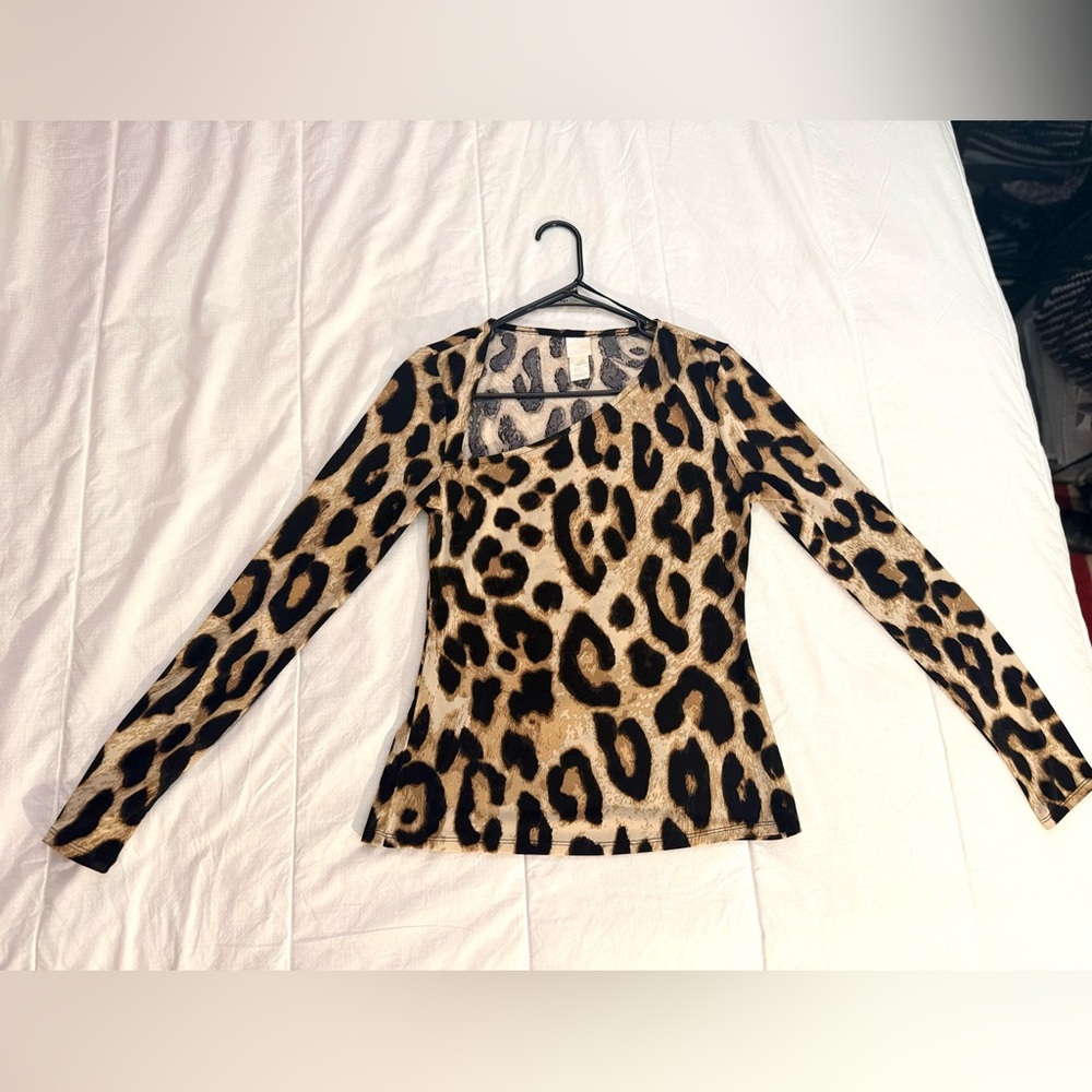 H&M - Leopard Print Blouse - Asymmetrical neck line - Small